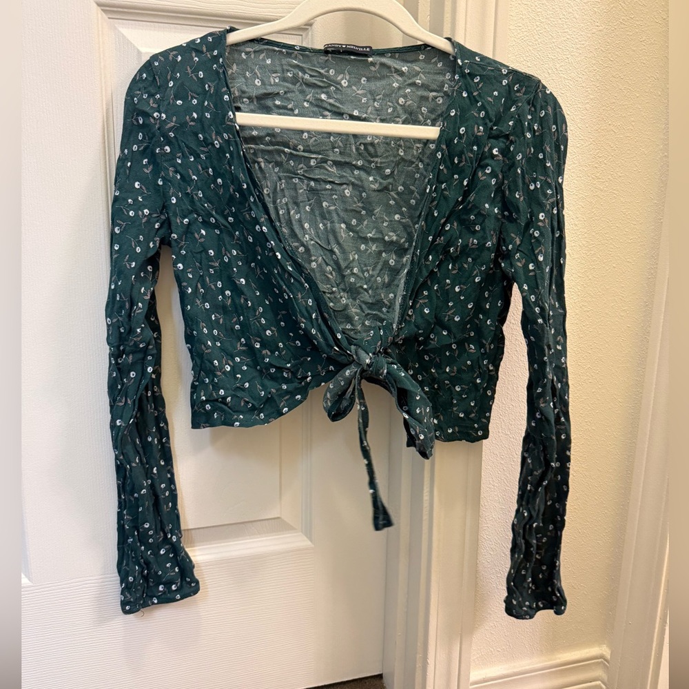 Brandy Melville Dark Green Floral Long Sleeve Tie Top